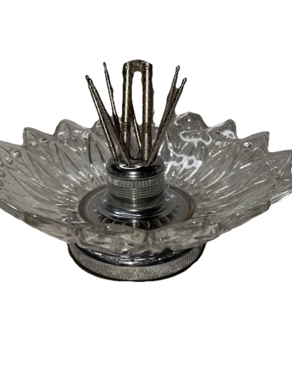 vintage Mid-Century Modern glass nutcracker bowl with metal picks
